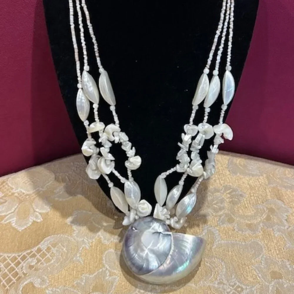 🏖️LARGE NAUTILUS SHELL ABALONE 3-Strand Statement NECKLACE